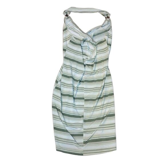 Vtg Vanity Made in USA Sz Medium Large Stretchy Halter Neck Green Striped Dress - Picture 3 of 5
